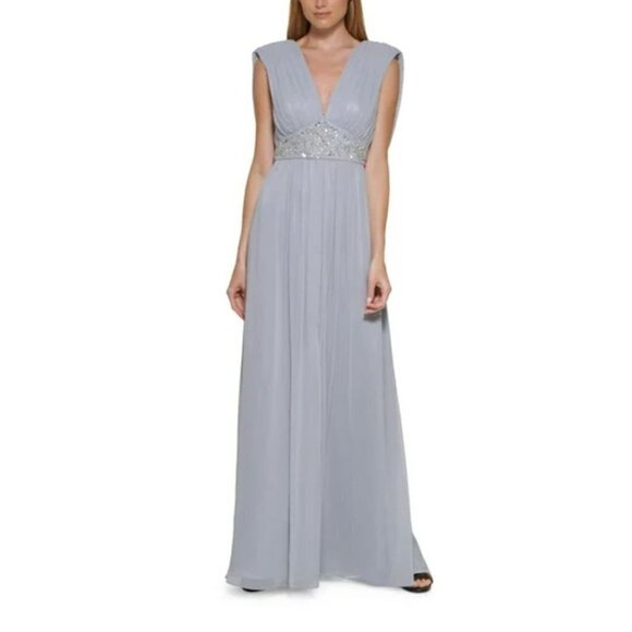 NWTD ELIZA J Size 6 Silver Beaded Zippered Tie Back Evening Gown Dress MSRP$198 - Picture 1 of 16
